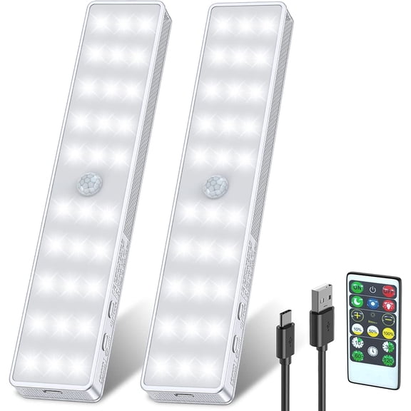 Racokky LED Closet Lights, 2 Pcs Dimmer Rechargeable Motion Sensor RV Step Light Under Cabinet Closet Lighting with Remote,Stick-Anywhere Night Safe Light Bar for Wardrobe,Kitchen,Van Truck