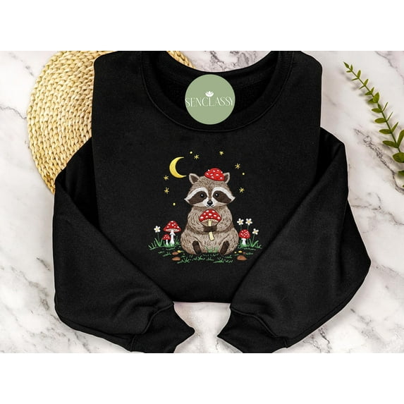 Racoon And Mushroom Embroidered Sweatshirt, Cottagecore Forest Embroidery, Respect the Wildlife, Racoon Lover Tee, Nature Lover Gift For Mom