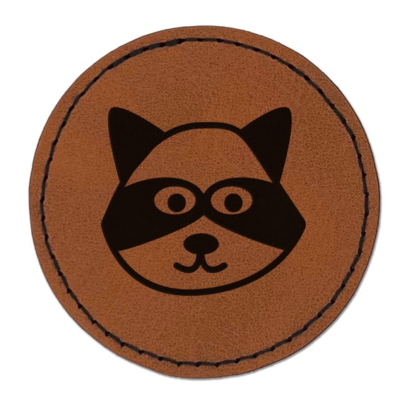 Racoon Face Doodle 2.5" Faux Leather Round Engraved Iron-On Patch - Brown