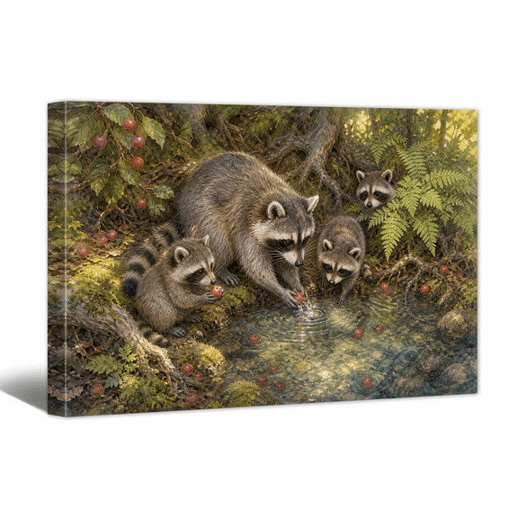 Racoon Family Hang Out Canvas Wall Art Parent Accompany Baby Picture Print, Rustic Warm and Cozy Artwork Safari Animal Painting for Nursery, Home, Living room Wall Decor