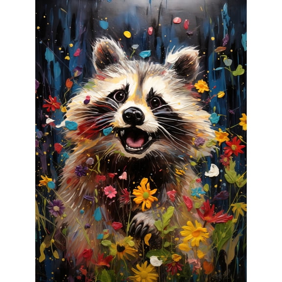 Racoon Romp Playing in a Wildflower Meadow Oil Painting Running Through Flowers in Spring Quirky Portrait Large Wall Art Poster Print Thick Paper 18X24 Inch