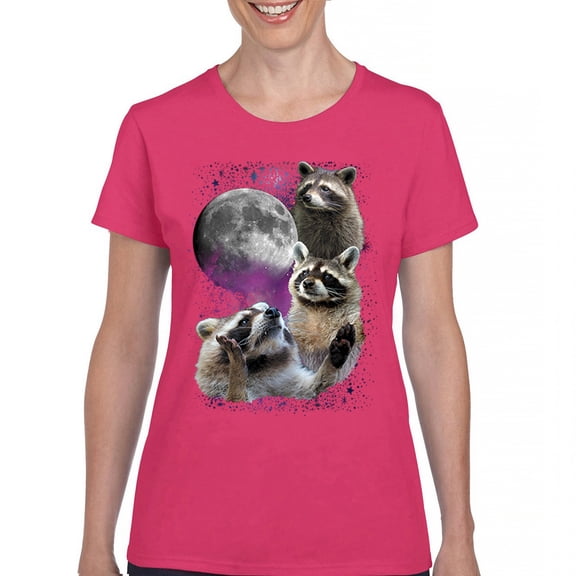 Racoons Howling at the Moon T-Shirt Funny Galaxy Wildlife Universe Humor Weird Animal in Space Women's Tee
