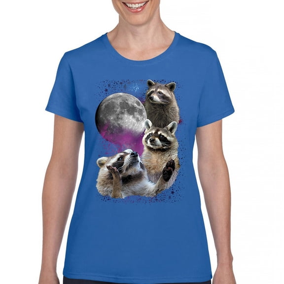 Racoons Howling at the Moon T-Shirt Funny Galaxy Wildlife Universe Humor Weird Animal in Space Women's Tee