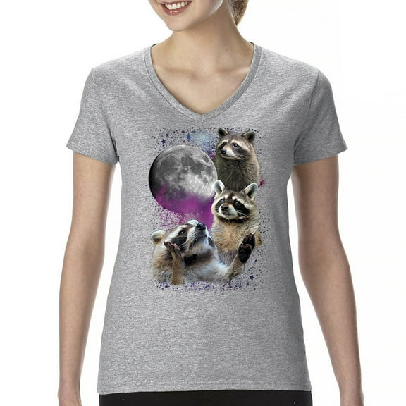 Racoons Howling at the Moon Women's V-Neck T-shirt Funny Galaxy Wildlife Universe Humor Weird Animal in Space Tee