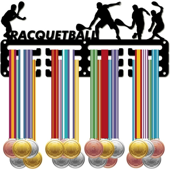 Racquetball Medal Holder Hanger Display Rack Black Metal Iron Small Shelf Plaques Hangers Organizer Medal Frame Wall Mounted with 12 Hooks for Award Ribbon Football 11.4x5Inch