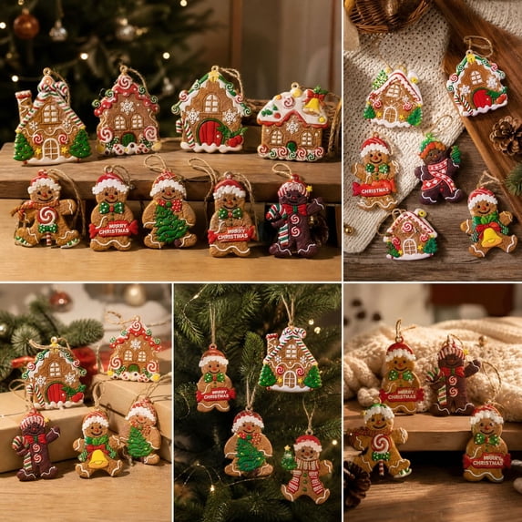 Racsoh 12 Pcs Christmas Gingerbread Man Ornaments, Soft Plastic Hanging Decor with House Candy Cane Designs, Xmas Tree Pendant for Holiday Party Decor (A)