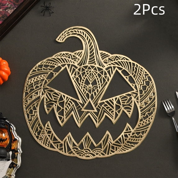 Racsoh 2 Pcs Halloween Pumpkin Placemat Set, Heat Resistant Hollow Out Table Mat, Non Slip Woven Placemat, for Thanksgiving Dinner Party Decor (Gold)