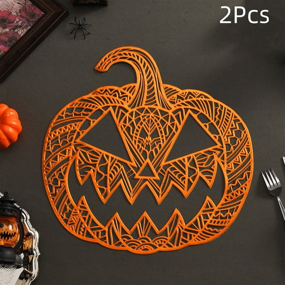Racsoh 2 Pcs Halloween Pumpkin Placemat Set, Heat Resistant Hollow Out Table Mat, Non Slip Woven Placemat, for Thanksgiving Dinner Party Decor (Orange)
