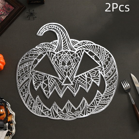 Racsoh 2 Pcs Halloween Pumpkin Placemat Set, Heat Resistant Hollow Out Table Mat, Non Slip Woven Placemat, for Thanksgiving Dinner Party Decor (Silver)