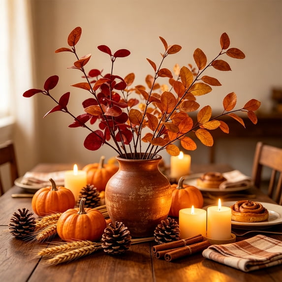 Racsoh Artificial Eucalyptus Branch, Faux Fall Greenery 3 Prong Stems, Realistic Looking Plastic Foliage, for Thanksgiving Vase Flower Arrangement Home Decor (Red)