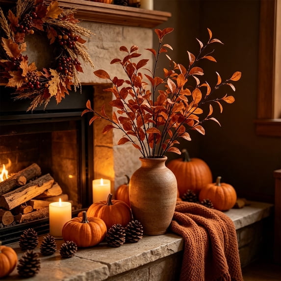 Racsoh Artificial Fall Greenery Branch, Faux Eucalyptus 9 Prong Stems, Realistic Looking Plastic Foliage, for Thanksgiving Vase Flower Arrangement Home Decor (Orange)