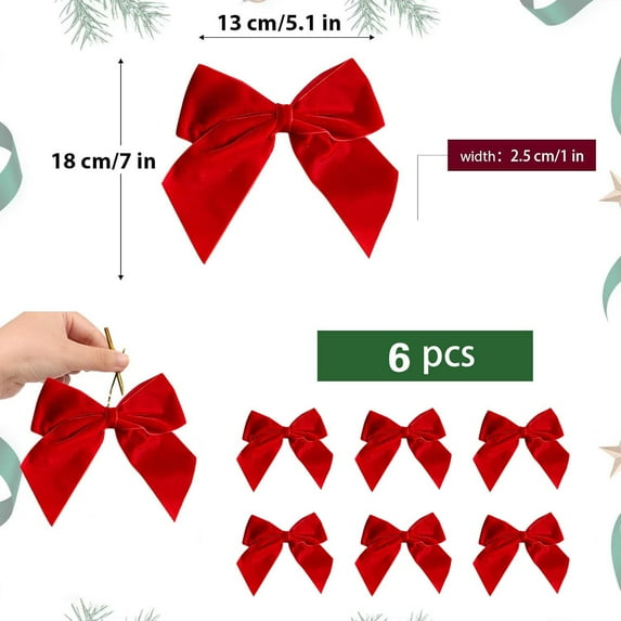 Racsoh Christmas Bows for Wreath, 6 Of Velvet Bows For Christmas Tree Decoration, Red Velvet Wreath Bows for Xmas Décor Hanging Ornament Gift Ribbon Bows
