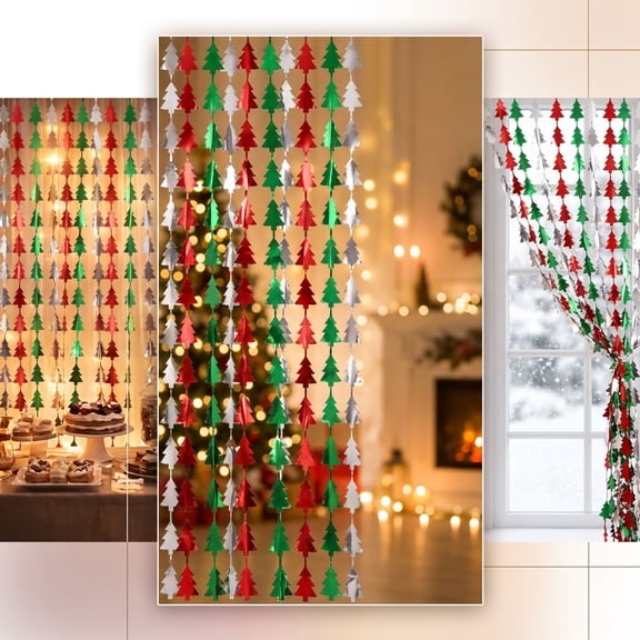 Racsoh Christmas Foil Fringe Curtain, Sparkly Streamer with Christmas Tree Pendant, for Home Party Door Wall Xmas Tree Background Decor (B)