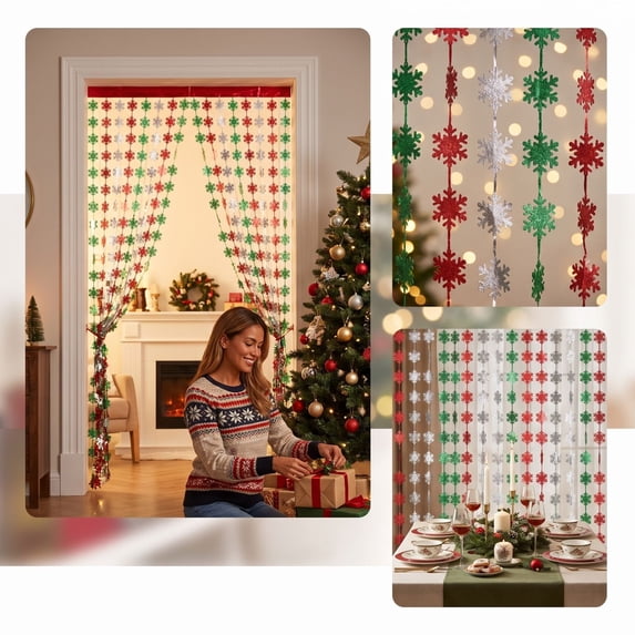 Racsoh Christmas Foil Fringe Curtain, Sparkly Streamer with Snowflake Pendant, for Home Party Door Wall Xmas Tree Background Decor (C)