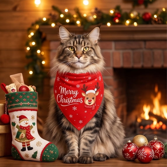 Racsoh Christmas Pet Bandana, Festive Dog Neck Scarf with Reindeer Print, Soft Triangle Bib for Small Medium Cats, for Party Photo Winter Decor (Red B)