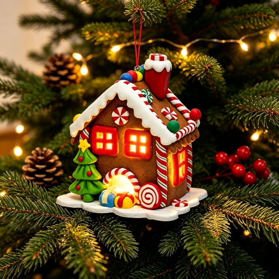 Racsoh Christmas Tree LED Gingerbread House Ornament, Warm Light Village Display Hanging Decor, for Home Mantel Xmas Party Holiday Decor (B)