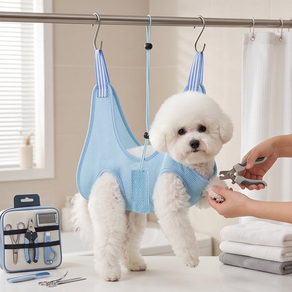 Racsoh Dogs and Cats Grooming Sling Bag, Breathable Hanging Restraint Bed with Secure Wrap, for Cat Care Bathing Nail Trimming and Ear Cleaning (Blue, S)