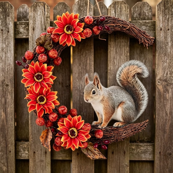 Racsoh Faux Flower Garland with Cute Plastic Squirrel, Thanksgiving Day Artificial Wreath, Half Moon Shaped Wall Mount Wreath, for Front Door Home Garden Party Decor (Red)