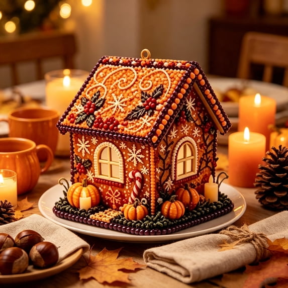 Racsoh Thanksgiving DIY Diamond Art Hanging Ornament, House Shaped Wooden Craft Kit, Handmade Fall Decoration, for Home Wall Door Tabletop (A)