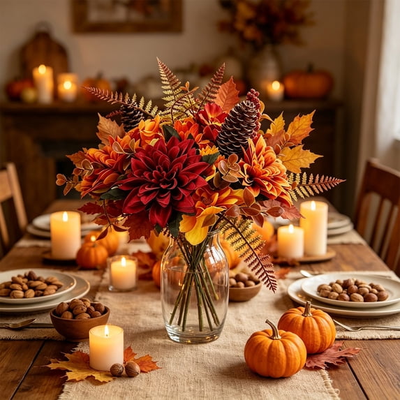 Racsoh Thanksgiving Simulated Pumpkin Bouquet, Faux Fall Floral Arrangement with Sunflower, Realistic Plastic Flowers, for Table Centerpiece Home Decor (Orange)