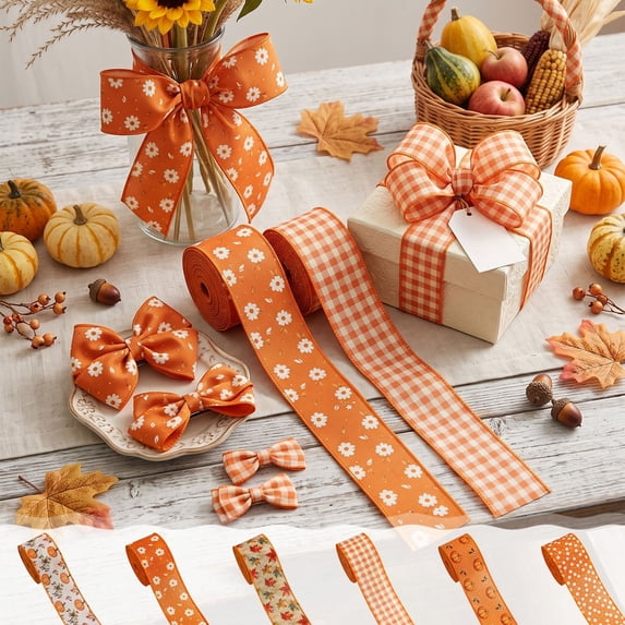 Racsoh Thanksgiving Wired Ribbon, Fall Pumpkin Maple Leaf Decorative Ribbon, Fabric Craft Ribbon with Wire Edge, for Wreath Bow Gift Wrapping Home Decor (180 Inch, C)