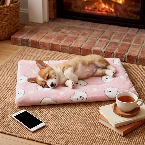 Racsoh Thick Warm Pet Sleeping Mat, Pink Plush Soft Surface Bed Pad for Dogs Cats, Machine Washable Non Slip Cushion for Crate Floor Sofa All Season (M)