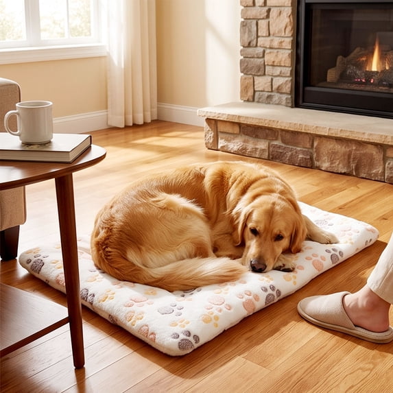 Racsoh Thick Warm Pet Sleeping Mat, White Plush Soft Surface Bed Pad for Dogs Cats, Machine Washable Non Slip Cushion for Crate Floor Sofa All Season (L)