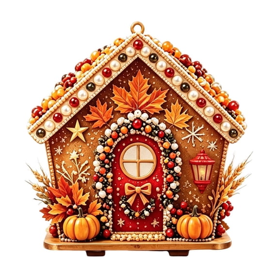 Racsoh Wooden Thanksgiving Hanging Ornament, House Shaped DIY Diamond Art Kit, Handmade Fall Craft Decoration, for Home Wall Door Tabletop (B)