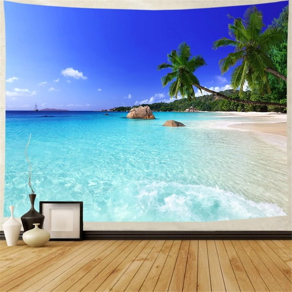 Tapestry, X-Large Beach Wall Hanging, Bohemian Palm Tree Tapestry, Ocean Beach Art, 70.8x92.5in, Home Decor, Lightweight Polyester