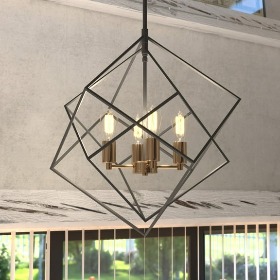 Rad 23.5-in. W 4 Light Geometric Black and Brass Pendant Cage Light