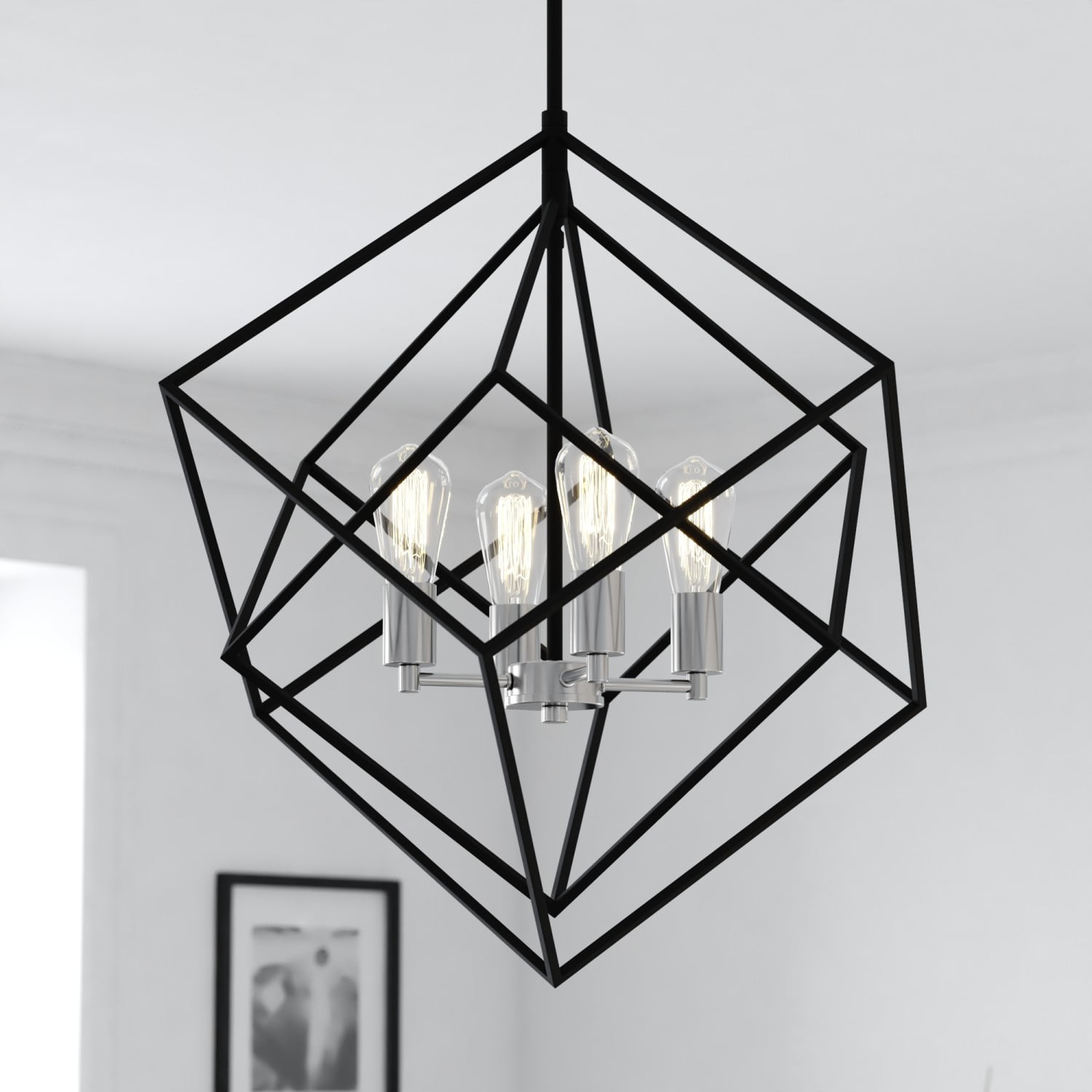Contemporary 23.5" Satin Nickel & Black Geometric Pendant Light
