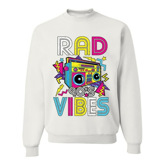 Rad 90's Vibes Vintage Unisex Crewneck Graphic Sweatshirt, White, Medium