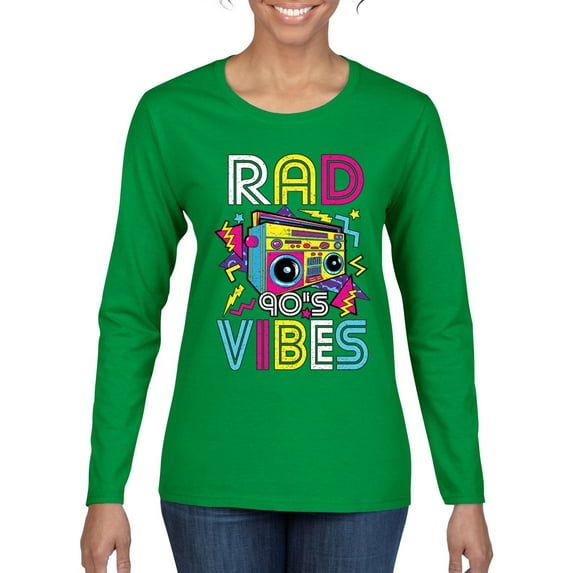 Rad 90's Vibes Vintage Womens Graphic Long Sleeve T-Shirt, Kelly, Large