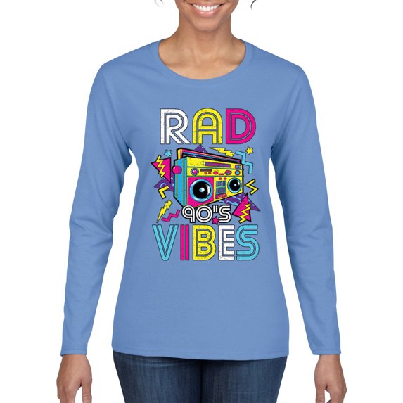 Rad 90's Vibes Vintage Womens Graphic Long Sleeve T-Shirt, Light Blue, XX-Large