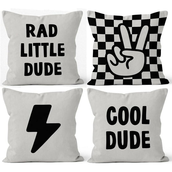 Rad Little Cool Dude Preppy Black Checkered Peace Sign Lightning Decorative Pillowcase Throw Pillow Cover,Trendy Preppy for Sofa Bed Boy Teen Room Dorm Decor 18 x 18 Inch Pillow Case Set of 4