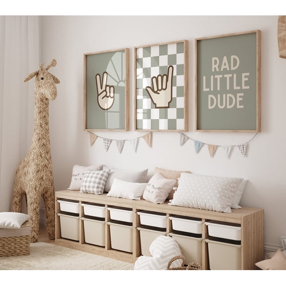 Rad Little Dude Sage Green Nursery Baby Boys Toddler Twin Room Peace Sign Shaka Poster, Set 3, Poster Only