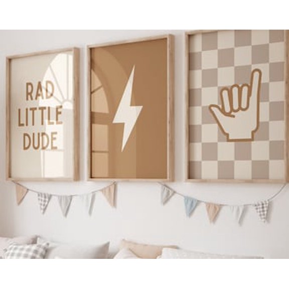 Rad Little Dude Surfer Nursery Checkered Baby Boy Kid Toddler Shared Room Shaka Sign Poster, Set 3, Poster Only