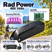 Rad Power 48V 14Ah Lithium-Ion Ebike Battery with 30A BMS, XT60 Connector, 5-Prong Mount and 2A Charger for 300W-1500W Electric Bike Motors No Suport Upgrade APP v1.4.0