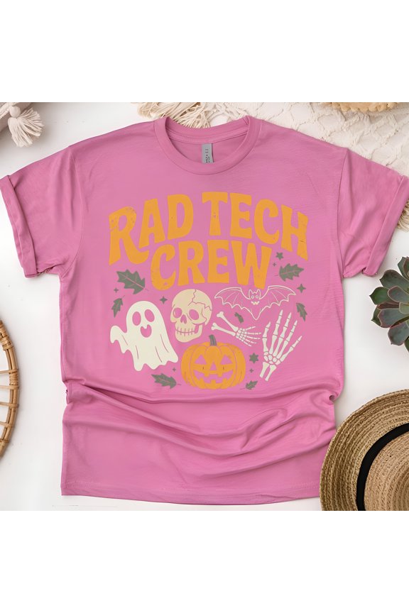 Rad Tech Crew T-Shirt | Funny Halloween Radiology Skeleton Graphic Tee, Heliconia, Size M