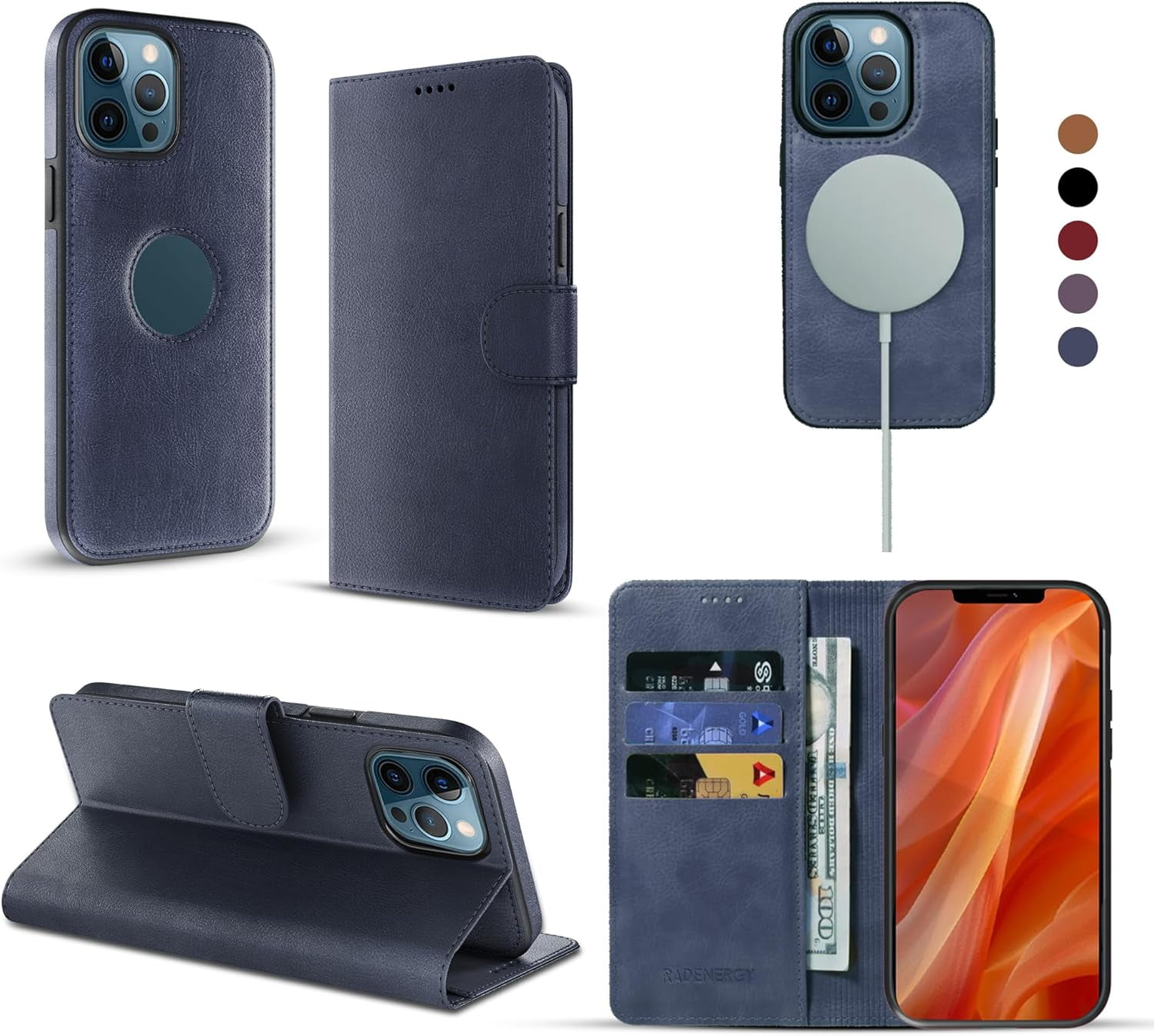 RadEnergy EMF Protection Anti Radiation Leather Flip Folio Case for iPhone 17 Air, Genuine Leather Wallet Case/Cover with Card Holder & Stand Function Blue