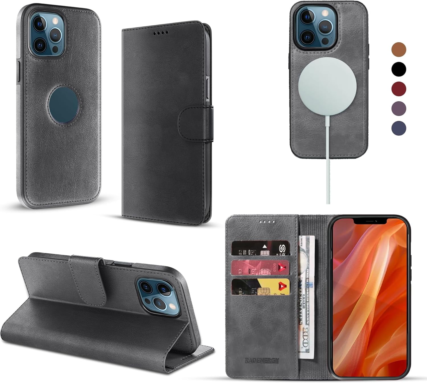 RadEnergy EMF Protection Leather Wallet Folio Case with Card Holder & Stand for iPhone 15 Pro, Black