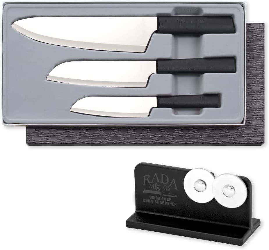 Rada Cutlery 3-Piece Chef Select Knives Gift Set with Quick Edge Sharpener, Black Handles