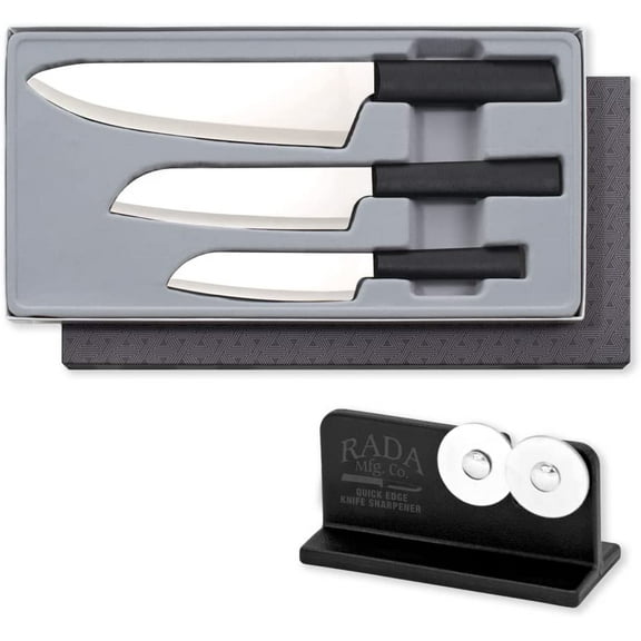 Rada Cutlery 3-Piece Chef Select Knives Gift Set with Quick Edge Sharpener, Black Handles