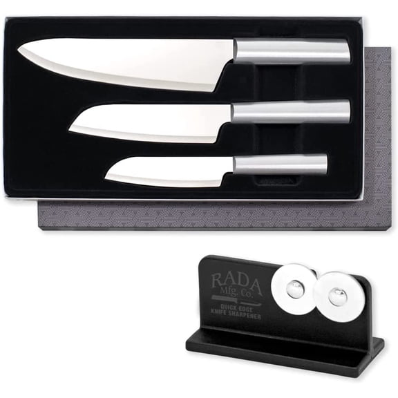 Rada Cutlery 3-piece Chef Select Knife Gift Set with Quick Edge Sharpener, Silver Handles