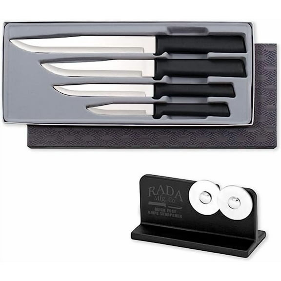 Rada Cutlery 4-Piece Wedding Register Knives Set with Quick Edge Sharpener, Black Handles