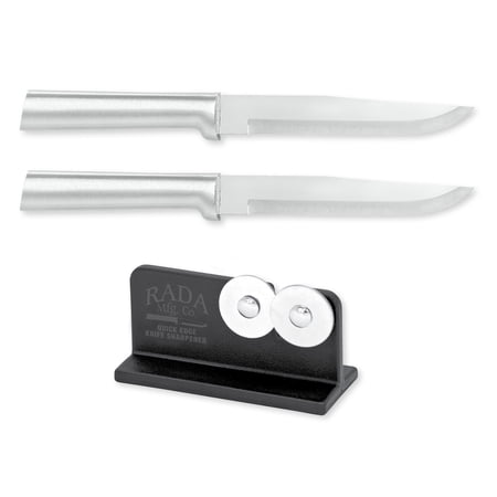 Rada Cutlery 5.375-Inch Stubby Butcher Knife Set of 2, Silver Handles & Quick Edge Knife Sharpener