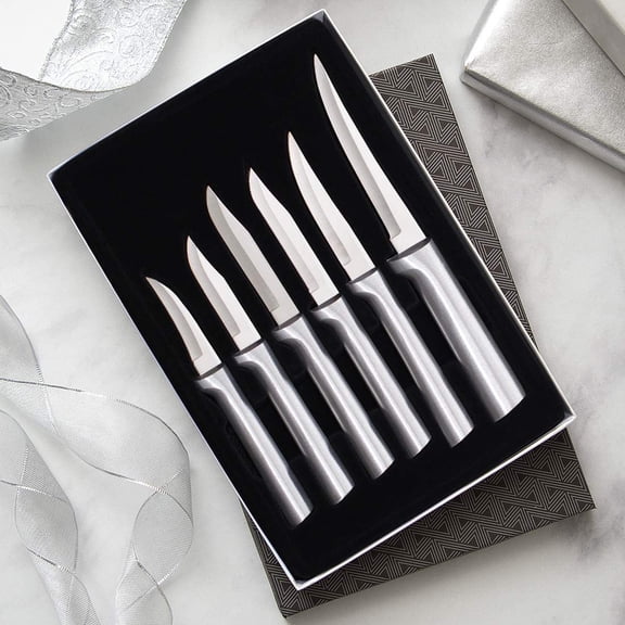 Rada Cutlery All-Star Paring Gift Set with Sharpener, 6-Piece Stainless Steel Knives, Silver Aluminum Handles, Made in USA