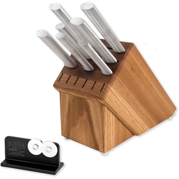 Rada Cutlery Essential Oak Block Set with Quick Edge Sharpener, Silver Handles