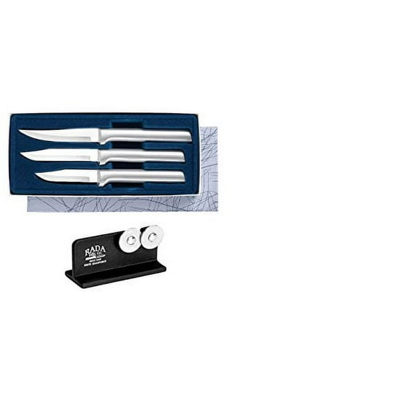 Rada Cutlery 3-Piece Paring Knives Galore Knife Gift Set with Quick Edge Sharpener, Silver Handles