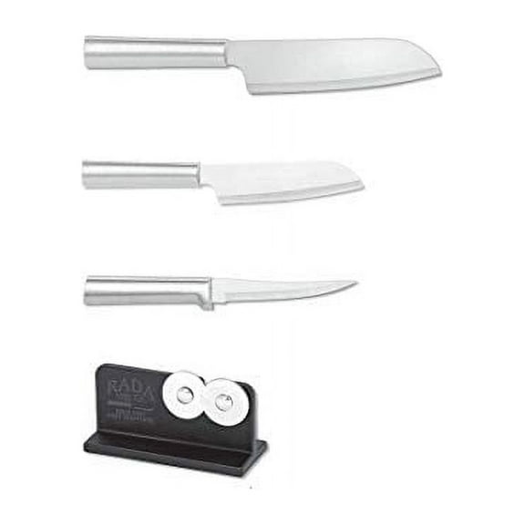Rada Cutlery 3-Piece Cook's, Cook's Utility, and Super Parer Knives with Quick Edge Sharpener, Silver Handles